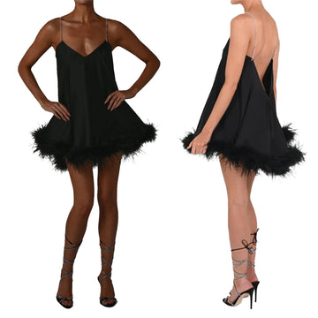 MQTIME  -  Women Solid Color Feather Trim V-Neck Chain Spaghetti Straps Sling Mini Dress Summer Sleeveless Backless vestido